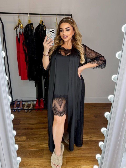 Халат жіночий шовковий з мереживом FS-43201-BLK-L-XL фото